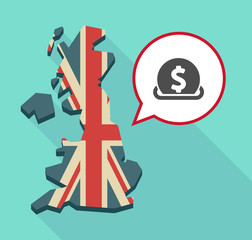 Map of UK with  a dollar coin entering in a moneybox