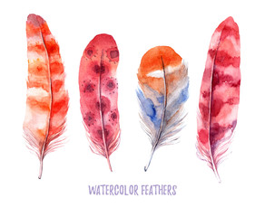 Hand drawn illustration - Watercolor feathers collection. Aquarelle boho set. Isolated on white background. Perfect for invitations, greeting cards, posters, prints
