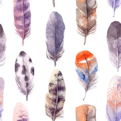 Seamless pattern. Hand drawn illustration - Background of Watercolor feathers. Aquarelle boho set. Isolated on white background. Perfect for invitations, greeting cards, posters, prints