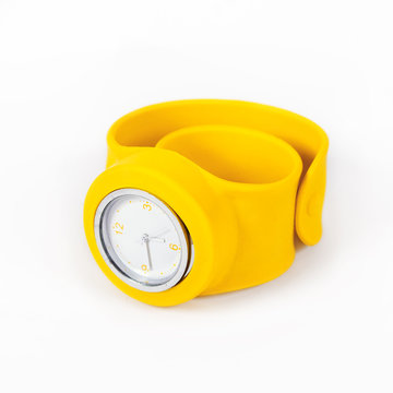 Yellow Watch On A Flexible Yellow Thong Is Isolated On A White Background