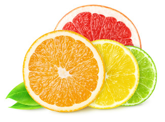 Citrus fruit slices with leaves. Grapefruit, orange, lemon, lime isolated on white