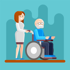 Nurse with disabled old man in a wheelchair.