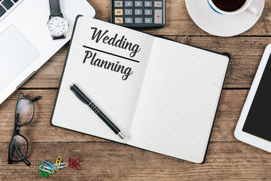 Wedding Planning text, Office desk with computer technology, hig