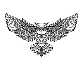 Obraz premium Hand drawn vector doodle owl illustration. Adult antistress coloring page.