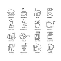 Thin line flat food isolated black icons