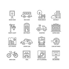 Thin line flat city isolated black icons