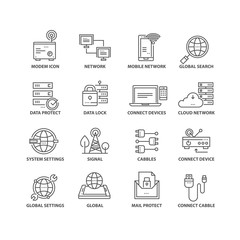 Thin line flat network isolated black icons