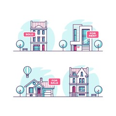 Set of urban and suburban houses. Real estate concept. Vector illustration.