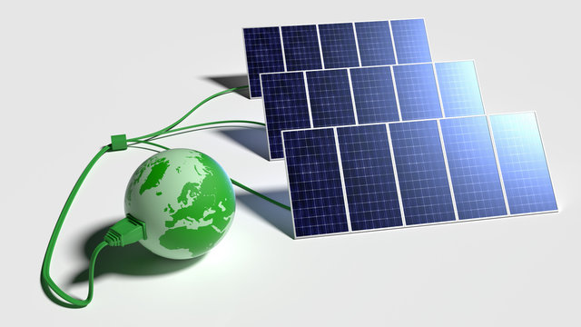 Green globe  connected to solar panels isolated on white