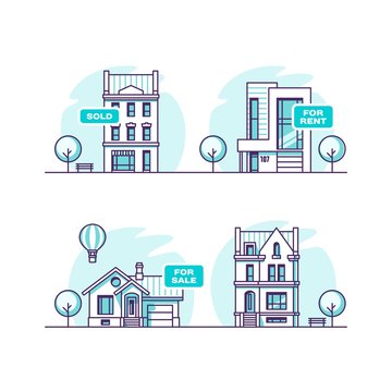 Set of urban and suburban houses. Real estate concept. Vector illustration.