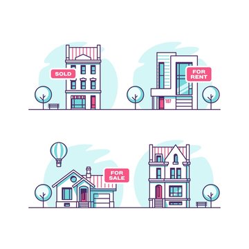 Set of urban and suburban houses. Real estate concept. Vector illustration.