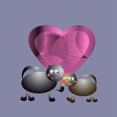 Cats love. Heart and cats. The cat gives flowers to a cat