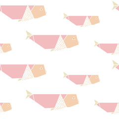 Cute origami whale seamless pattern. Vector illustration.