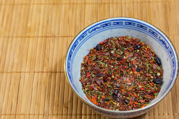 Seasoning for pilaf into a bowl on the mat