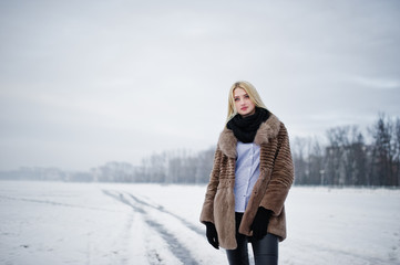 Portrait of young elegance blonde girl in a fur coat background