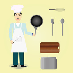 chef icon over yellow background, cooker, cook, kitchen tools set