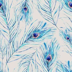Gordijnen Aquarel naadloos patroon met pauwenveren © depiano