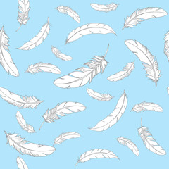Fototapeta premium Vector seamless pattern with white falling feathers on a blue background in cartoon style. Hand drawn vector illustration