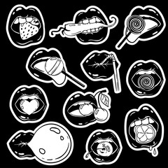 Set Of Female Lips Stickers and food In Pop Comic Style.