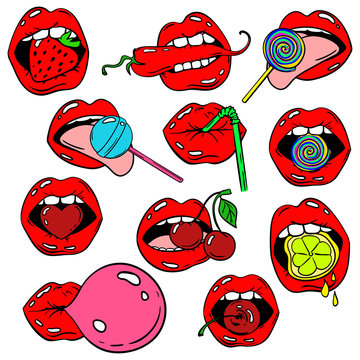 Set Of Female Lips Stickers and food In Pop Comic Style.