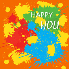 Obraz premium Happy Holi. Bright colorful poster on the festival of colors. Spots and splashes of paint on orange background. Vector illustration. 