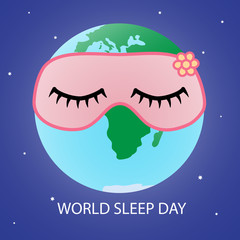 Earth in a pink mask for sleep on a background of stars and the cosmos. The poster on World Sleep Day. Vector illustration.