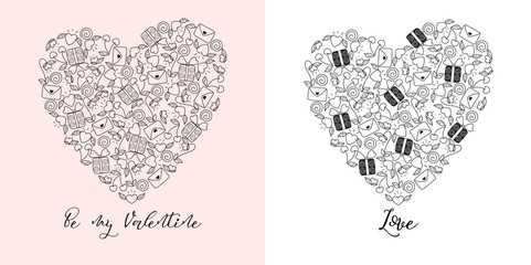 Valentines day greeting card set in doodle style.