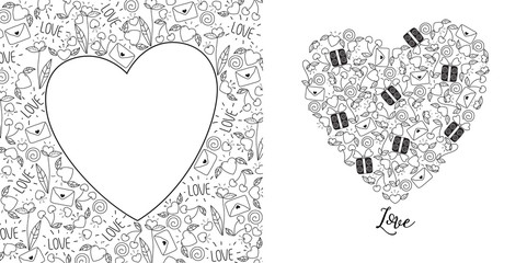 Valentines day greeting card set in doodle style in black and white.