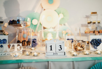 The buffet table with date  of wedding