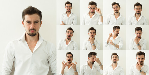 Set of young man's portraits with different emotions