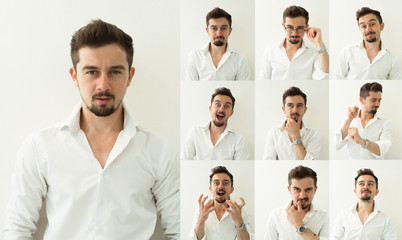 set of bearded man expressions on grey background. Young man with multiple face expressions
