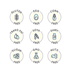 Isolated Vector Style  Set Badge Ingredient Warning Label Icons. Allergens Gluten, Lactose, Soy, Corn, Diary, Milk, Sugar, Trans Fat. Vegetarian and Organic symbols. Food Intolerance
