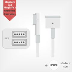MagSafe and MagSafe 2 connector icon. Notebook charging cables and sockets. + Power interface icon for store and web design.