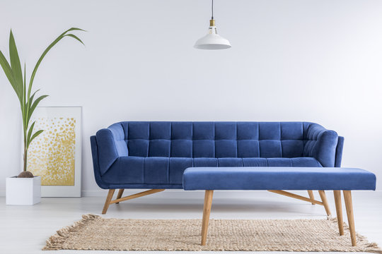 White apartment with blue sofa