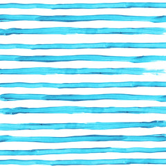 Blue watercolor striped background. Texture drawing by hand. Abstract illustration with horizontal lines.