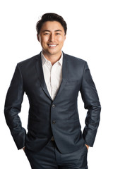 Handsome businessman wearing a blue suit and white shirt, standing with his hands in pocket. White background.