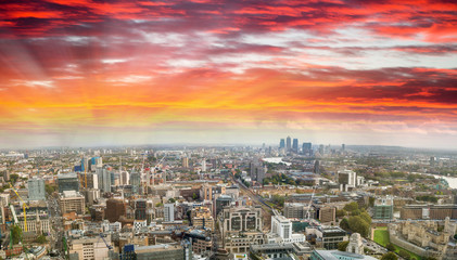 Sunset aerial panoramic view of London skyline, eastern side