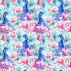 Seamless Watercolor Pattern with Pair of Peacock, Flowers Magnol