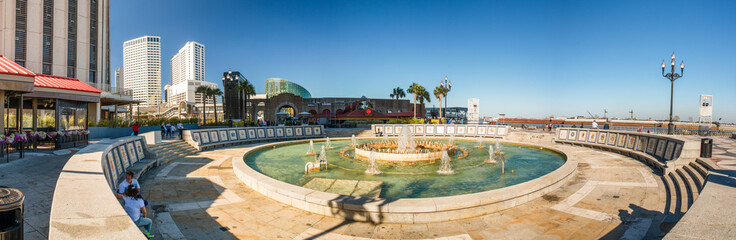 Spanish Plaza panoramic view on a sunny day, New Orleans, Louisi