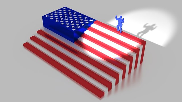 American flag as stairs with a businessman on top