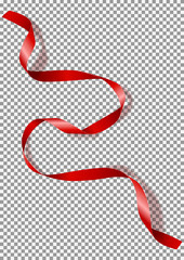 Red satin ribbon isolated on transparent backdrop. Vector illustration of curved tape.