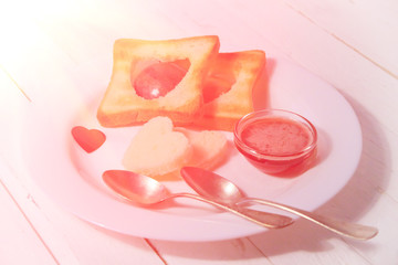 Romantic Breakfast. Breakfast for lovers. toast and jam. Valenti