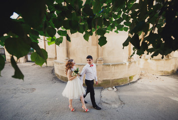 The charming  couple in love  walking near building