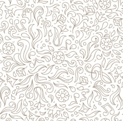 abstract floral light lines ornament, siamless pattern, isolated on white bakcground, vector hand drawn illustration.