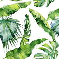 Seamless watercolor illustration of tropical leaves, dense jungle. Pattern with tropic summertime motif may be used as background texture, wrapping paper, textile,wallpaper design.
