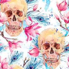 Watercolor seamless pattern with skull and Magnolia