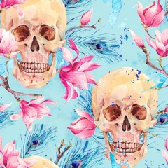 Wall murals Human skull in flowers Watercolor seamless pattern with skull and Magnolia