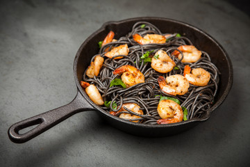 Black pasta with shrimps