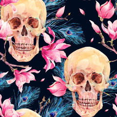 Watercolor seamless pattern with skull and Magnolia