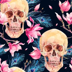 Fototapete Menschlicher Schädel in Blumen Aquarell nahtloses Muster mit Totenkopf und Magnolie